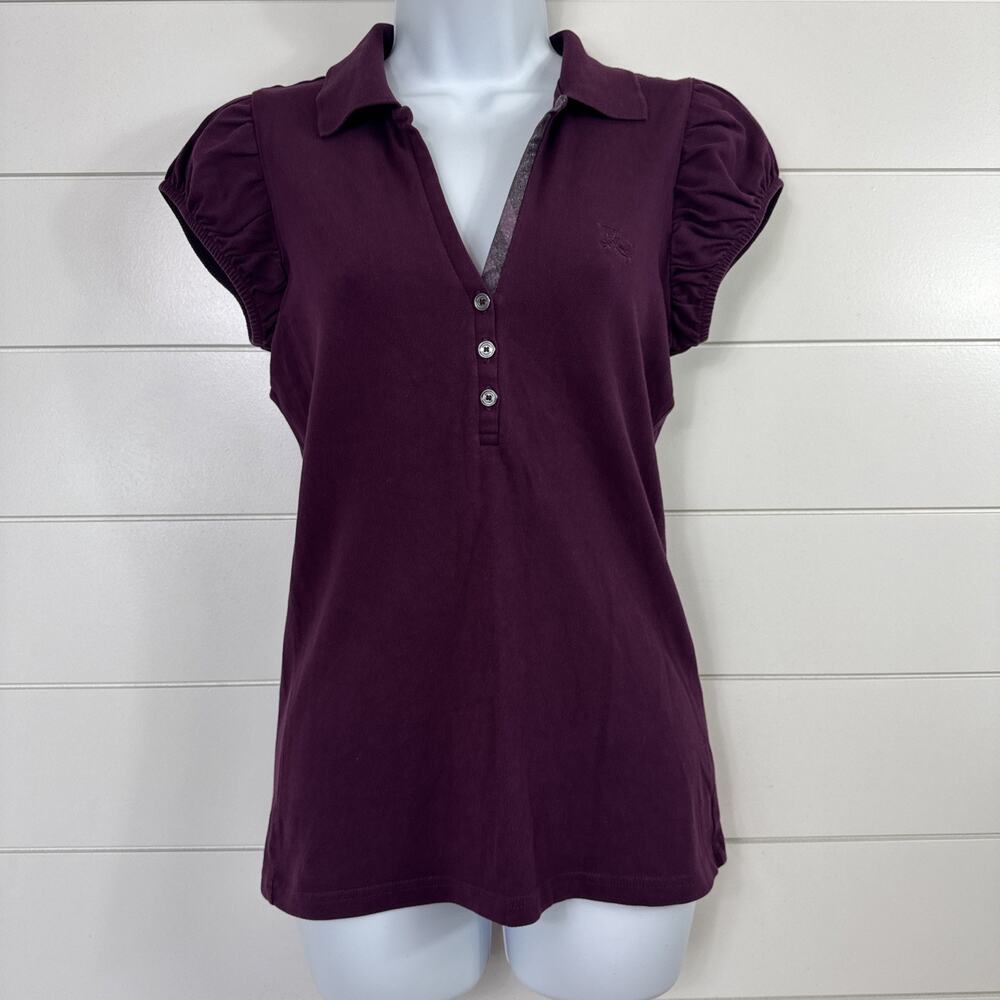 Burberry Pique Polo Shirt Short Sleeve Plum Purple Logo sz S